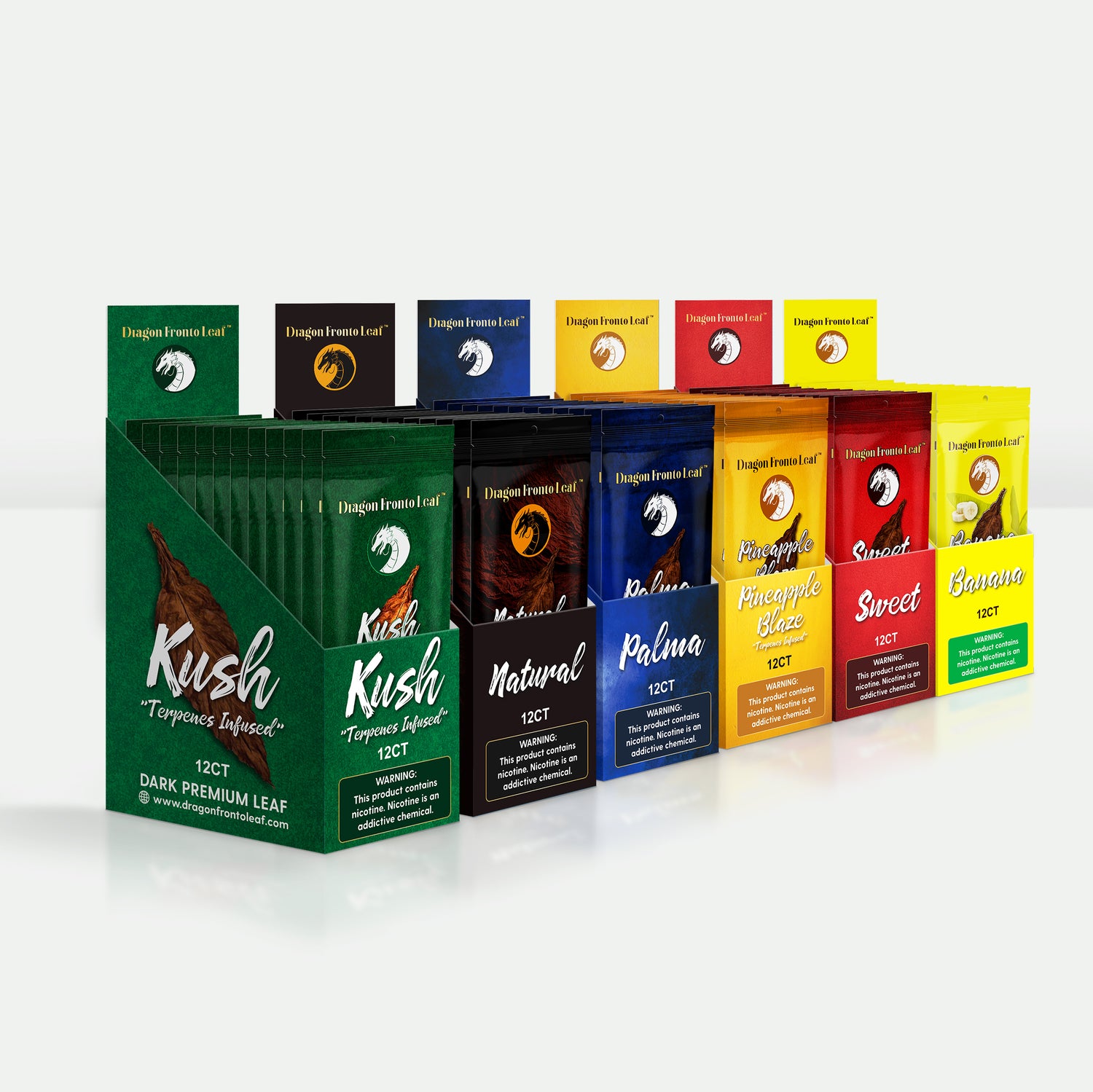 A Box of each flavor of Dragon Fronto Leaf opened with 12 packs in each. From right to left: Kush Terpene infused Fronto leaf, Natural Fronto Leaf, Palma Fronto Leaf, Pineapple Blazer Terpene Infused Fronto Leaf, Sweet Fronto Leaf, Banana Fronto Leaf.